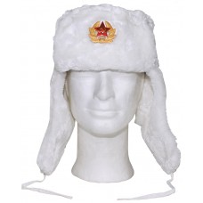 Русская зимняя меховая шапка, белая, с значком